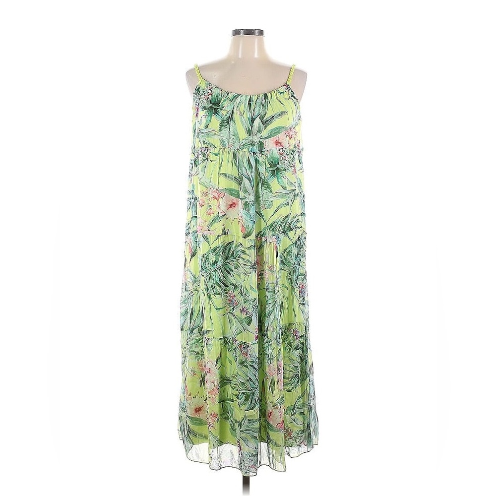 Elena Baldi Women Green Silk Blend Floral Print Straight Neck Dress XL